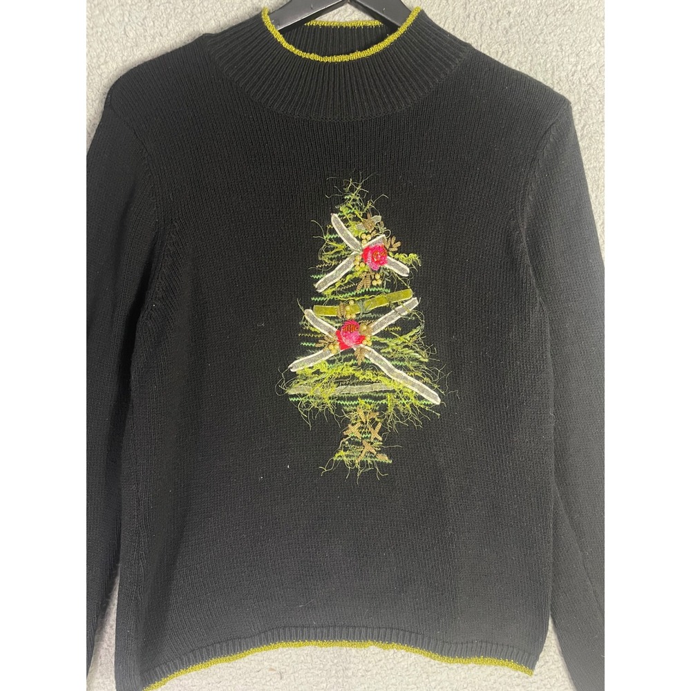 Vintage Talbots Women's Black Christmas L Tree Sweater Lime Trim Holiday Knit - Picture 8 of 10
